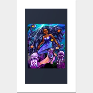 mermaid underwater with flowing shimmering blue black braids fish and jelly fish  , brown eyes curly Afro hair and caramel brown skin Posters and Art